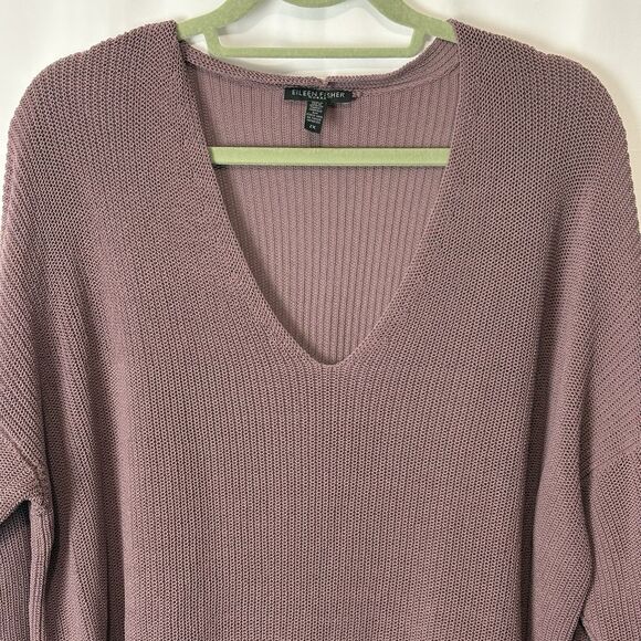 Eileen Fisher Corded Boxy V-Neck Long-Sleeve Knit Sweater Mauve Size 2X Organic - Picture 4 of 9